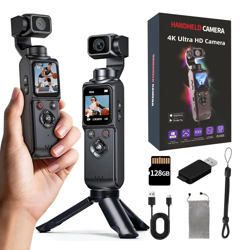 [MUOXUEQN] 4K Handheld Action Camera with 3-Axis Gimbal Stabilizer, WiFi, 330° Rotating Lens, 64MP Fast-Focusing Face Tracking, 128G Outdoor Pocket Camcorder for Travel Vlog (Black)