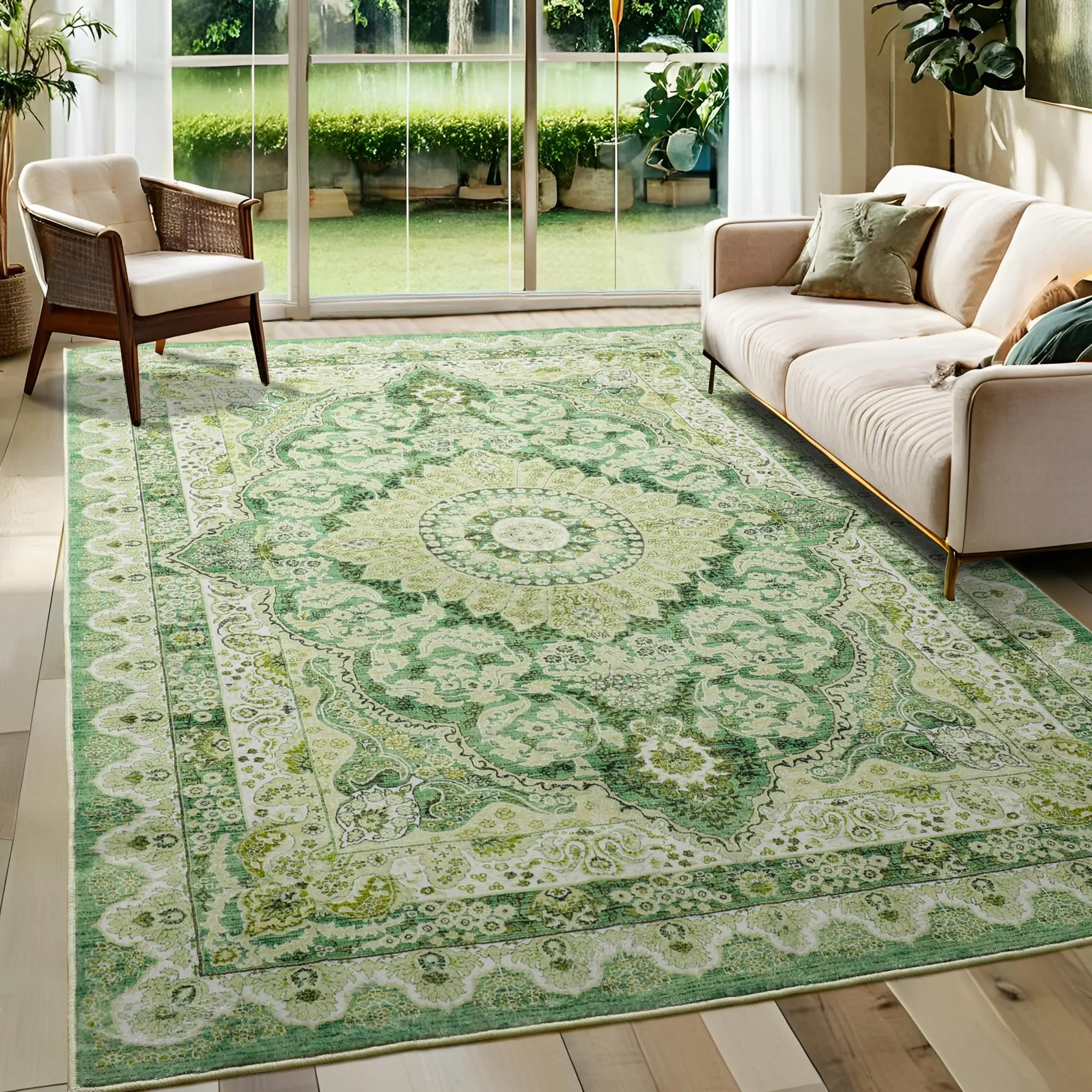 rugs living room, Green Washable Faux Wool Vintage Rug, Boho Distressed Medallion Carpet, Non-Slip Low Pile for Bedroom, Dining, Home Decor