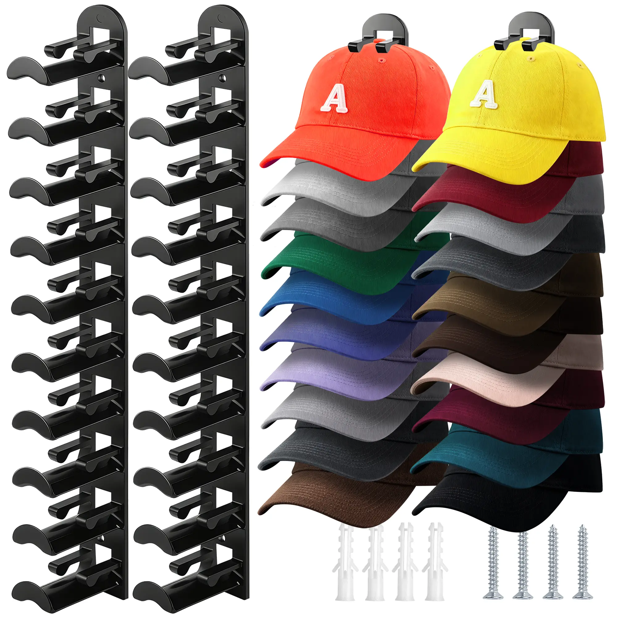 2 Pack Hat Rack Wall Mounted Hat Organizer for Baseball Caps with Strong Adhesive and Nail Two mounting Option Holds UP to 20 Hats Easy Access Display Cap Rack for Closet Door Bedroom Hat holder for Men Hat Hanger Space-saving Hat storage