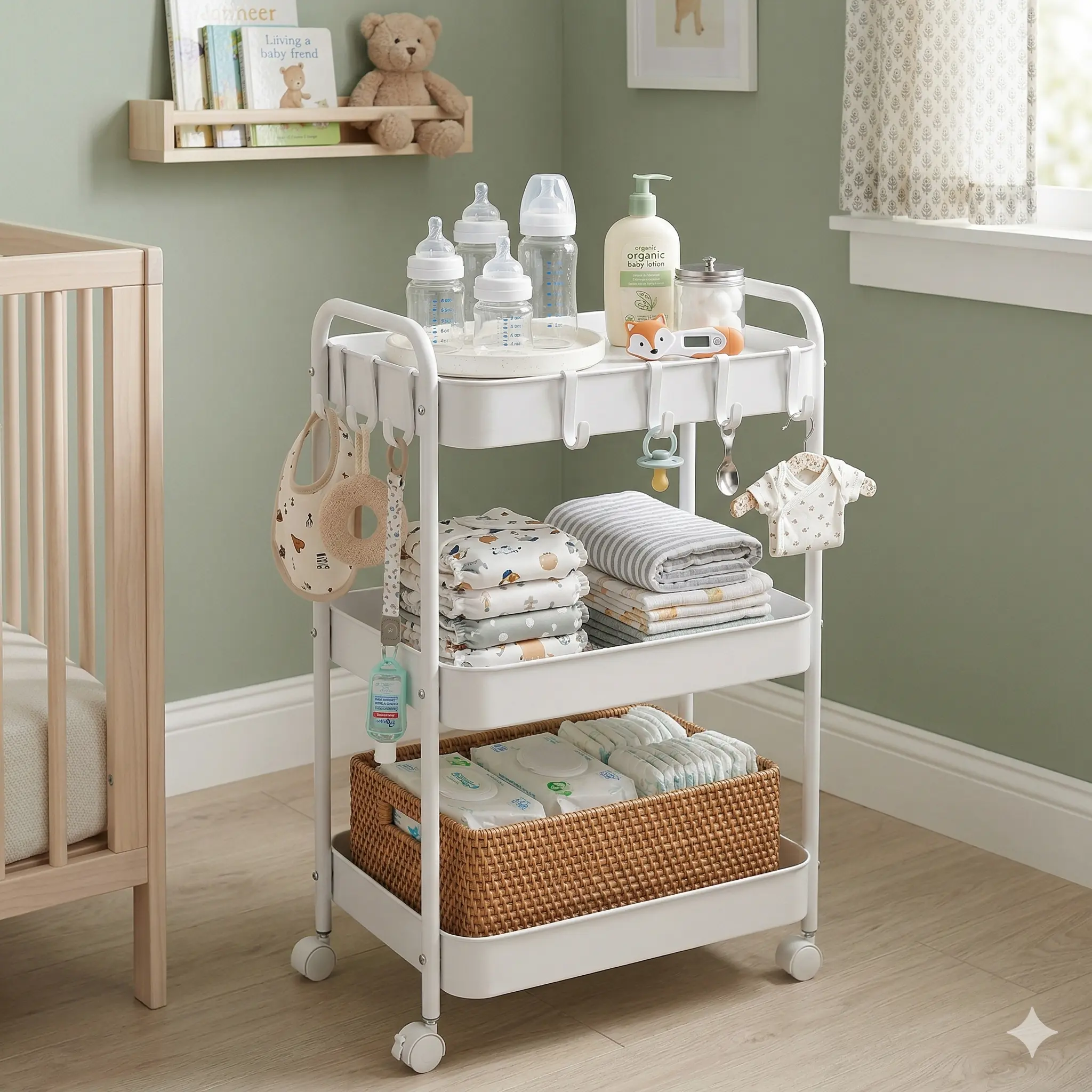 Smooth 3-Tier Movable Metal Storage Cart with 6 Hooks, Handle, Plastic Fruit Hanger, Adjustable Standing Shelf, Kitchen Racks, Bathroom Corner Organizer for Small Room Organization