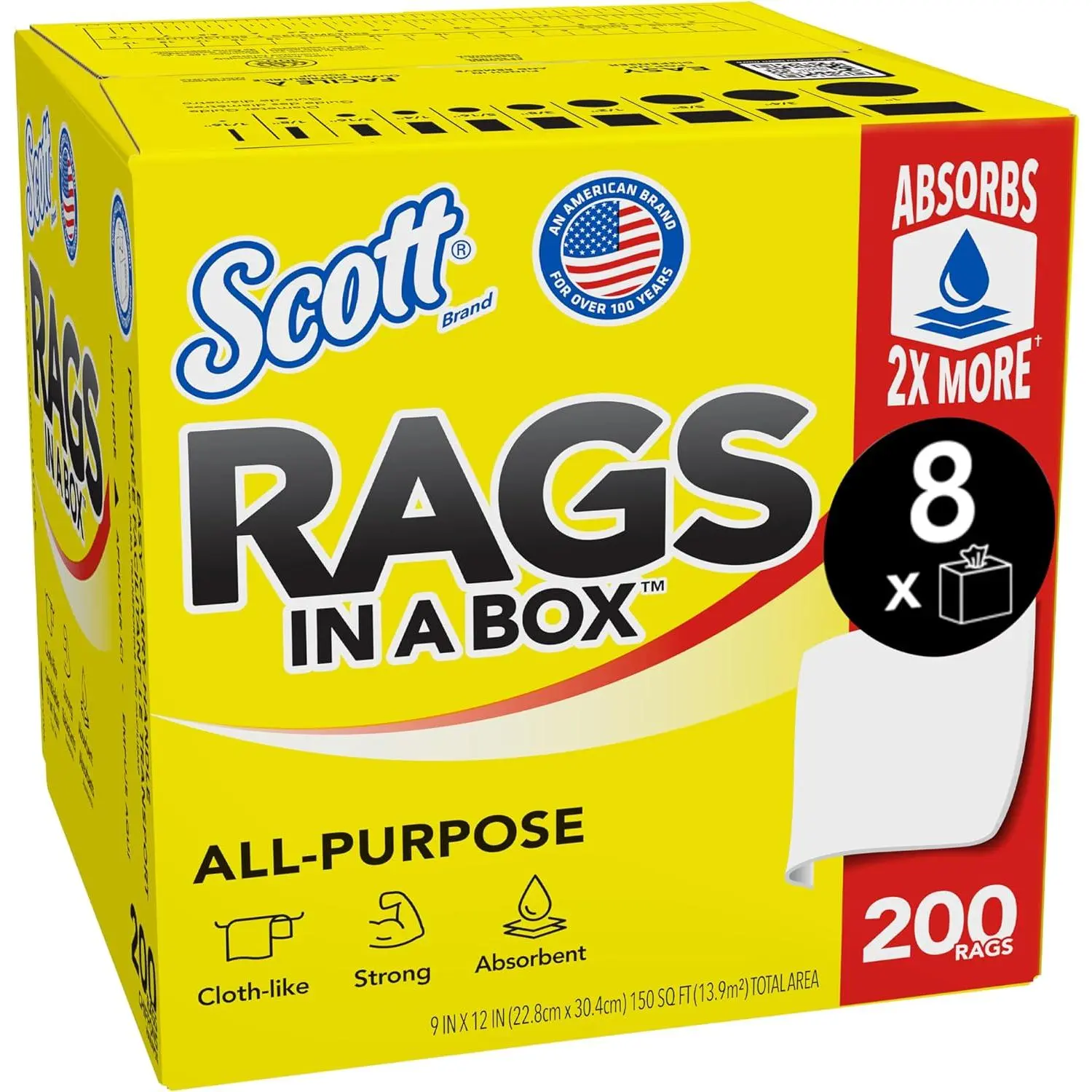 Scott® Rags In A Box™ (75260), All-Purpose Towels, 9"x12" sheets, Pop-Up™ Box (200 Towels/Box, 8 Boxes/Case, 1,600 Towels/Case)