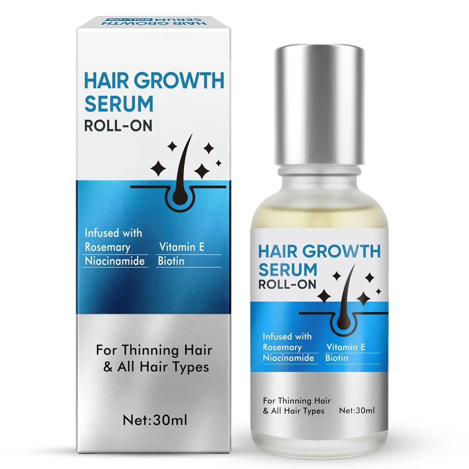 Hair Growth Serum Roll On, Blend with 3% Rosemary, 3% Redensyl, 2% AnaGain, Biotin & Niacinamide, Fast-Absorbing & Non-Greasy, No-Rinse, Advanced Follicle Support for Thinning Hair & All Hair Types