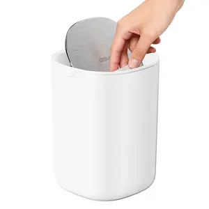 Mini Desktop Trash Can with Swing Lid, 0.4 Gallon Small Countertop Waste Bin, Modern Tabletop Trash Can for Bathroom & Vanity (White)