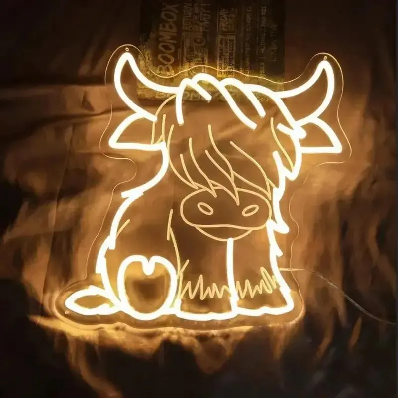 Highland Cow LED Neon Sign, Adjustable Brightness Wall-Mountable USB Powered Home Decor Light Decorative Lights Bedroom LED Lights Party Decoration Christmas Gift Idea Ambient Decoration Lamp