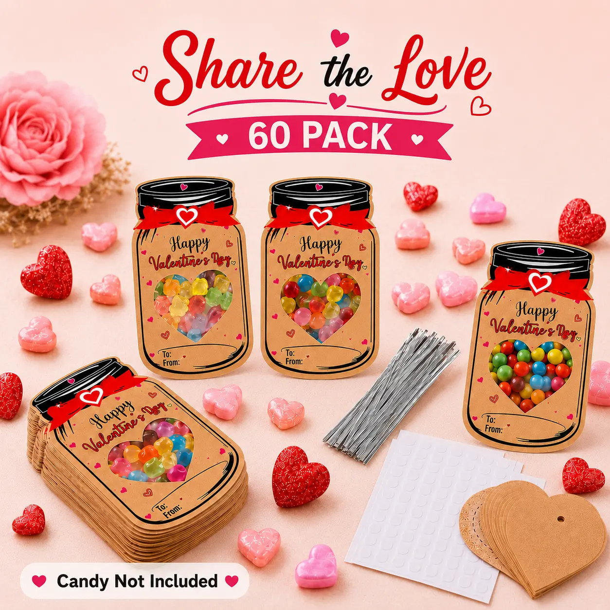 60 Pack Mason Jar Valentine Cards with Transparent Bags – DIY Candy Jar Exchange Cards for Kids, Classroom School Party Favors, Funny Valentine’s Day Gifts (Candy Not Included)
