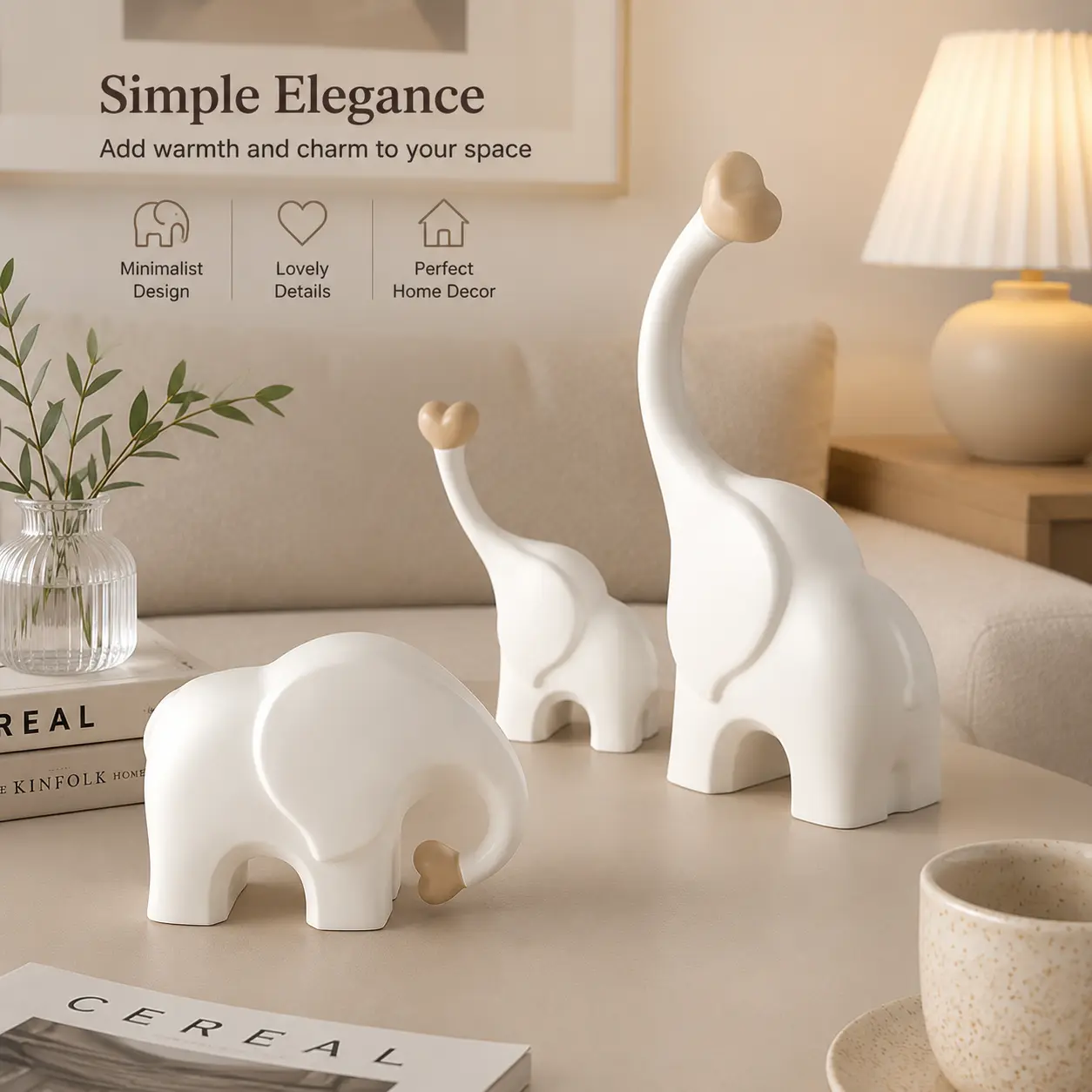 Aris & Juno 3-Piece Resin Elephant Figurine Set - Cute Heart-Trunk Elephant Family Statue Ornaments, Minimalist Home Decor with Exquisite Craftsmanship for Living Room, Unique Modern Farmhouse Gift thoughtful present