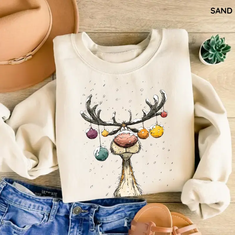 Women's Fitted Aesthetic Vintage Reindeer Cotton Sweatshirt - Casual Style Piece, Cute Christmas Spandex Fabric Top, Merry Christmas Matching Gift