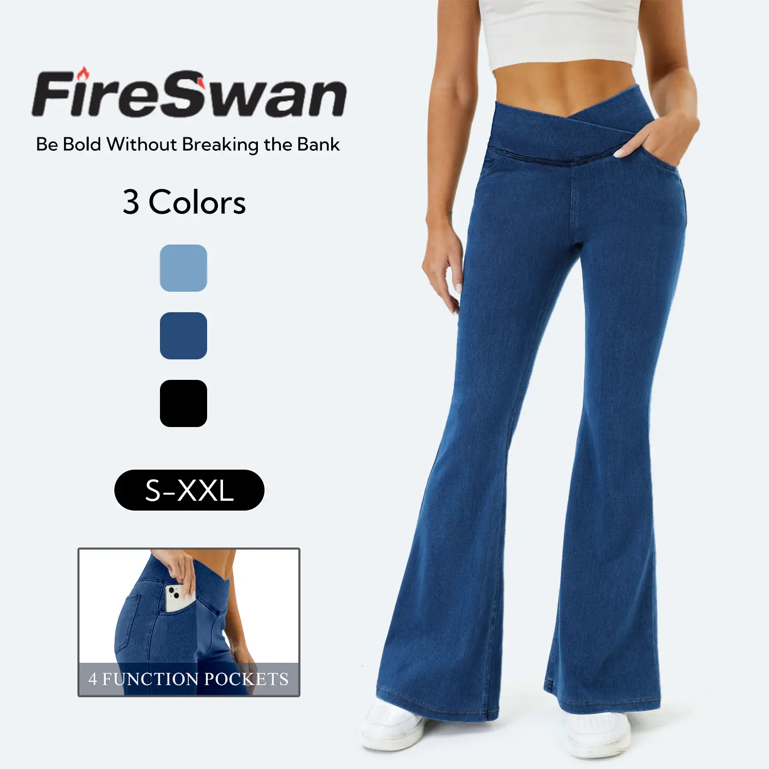 FireSwan High Waisted Crossover Pocket Washed Stretchy Knit Casual Super Flare Jeans Pants Womenswear