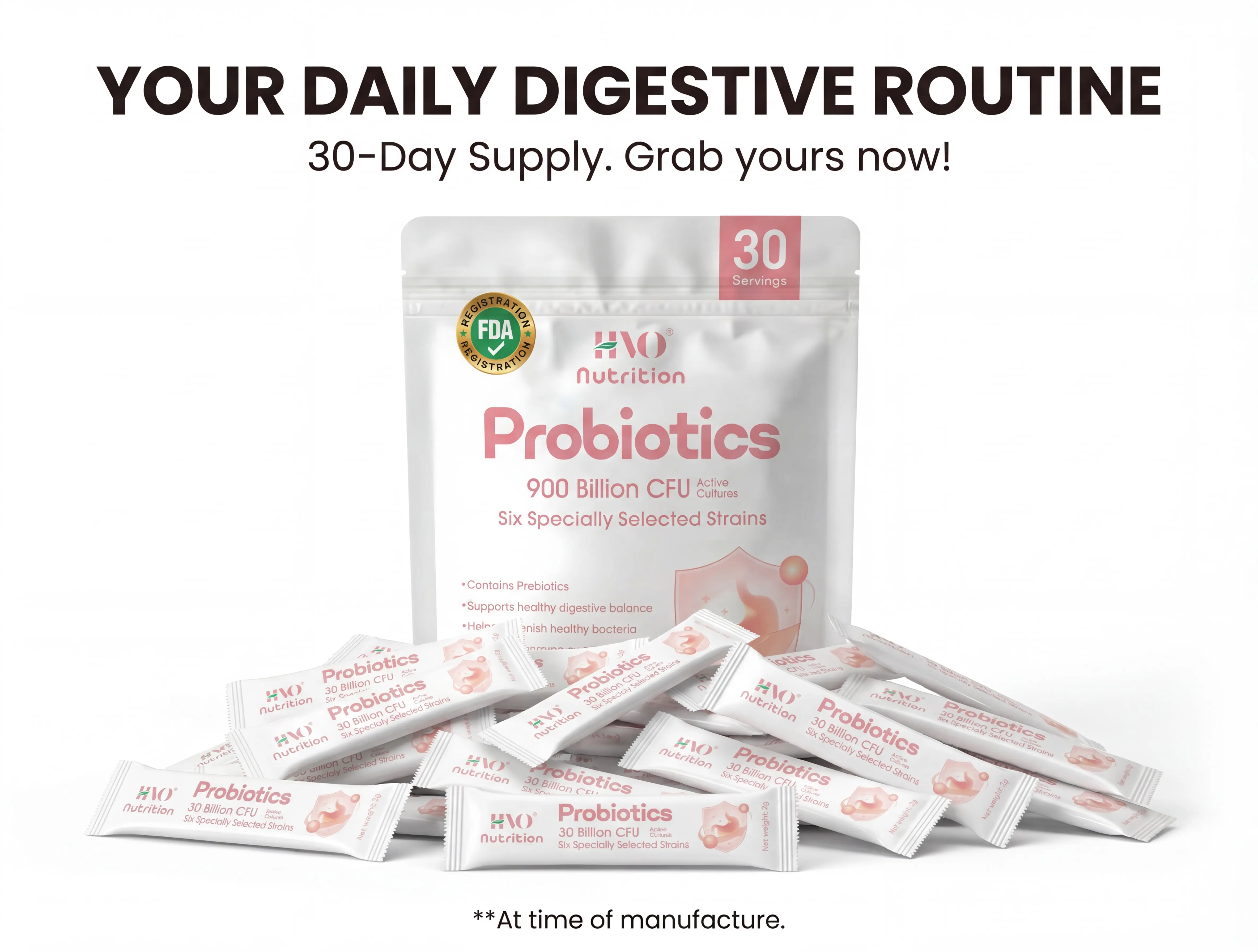 HVO Edible Dietary Probiotic Powder - 900B CFU Fast-Dissolving, High-Activity 6-Strain Lactobacillus Complex, 30 Sachets for Adults' Immune Support, Digestion Boost & Collagen Supplement Benefits, Energy
