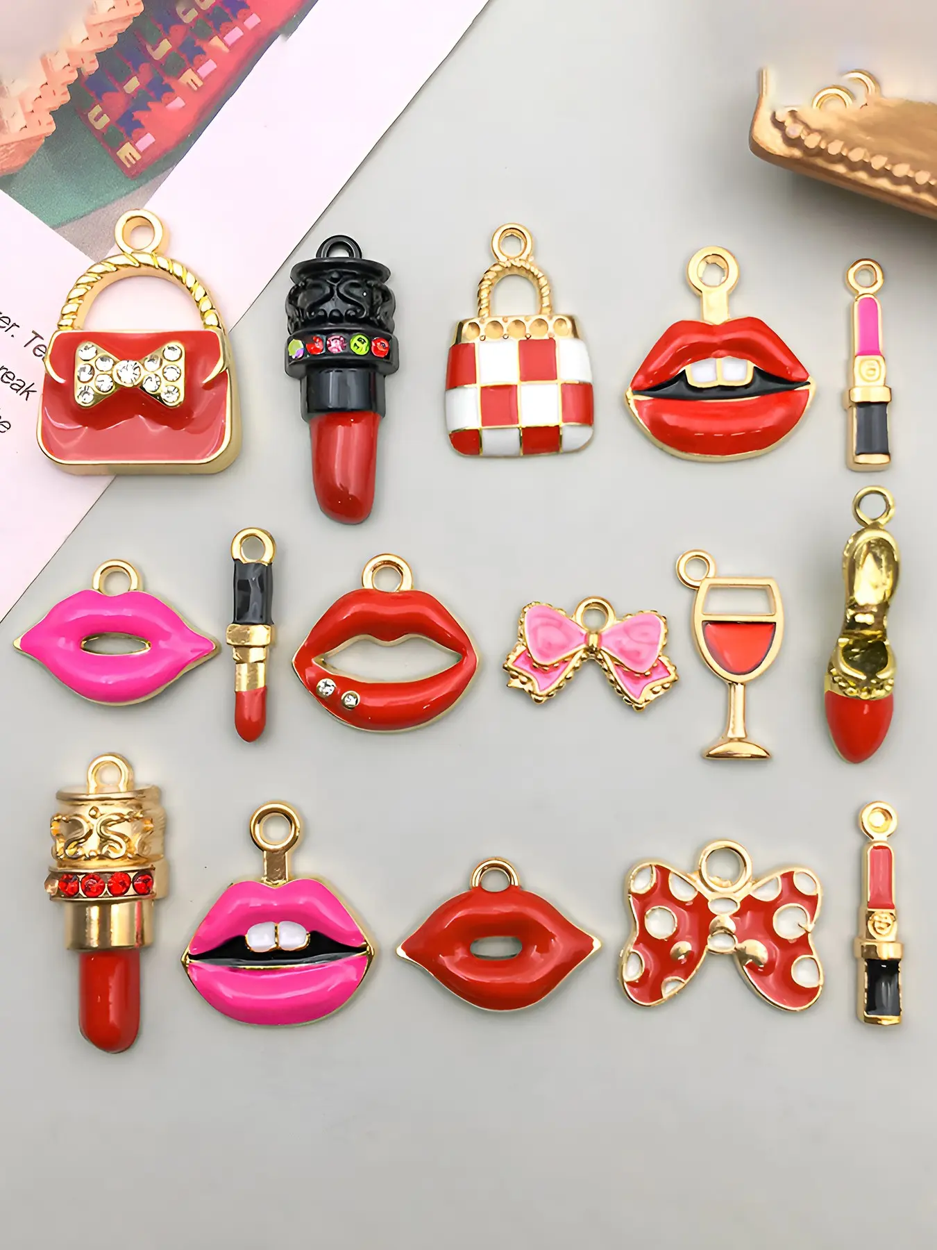 16pcs Assorted Mini Golden Color Enamel Charms, Women's Makeup Fashion Charms, DIY Necklace Bracelet Earring Jewelry Making Findings, DIY With Charms