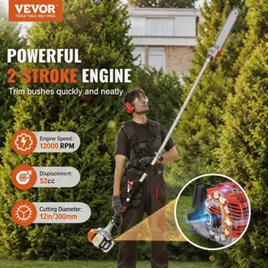 VEVOR Gas Pole Saw, 52CC 2 Stroke Gas Powered Pole Saws with 14 in Cutting Bar, Cordless Tree Trimmer with 30 fl.oz Fuel Tank, 7.2 to 10 ft Extendable, Powerful Chainsaw for Tree Trimming Pruning