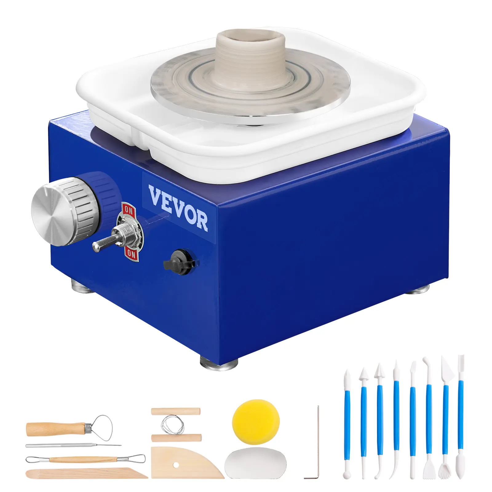 VEVOR 30W Blue Mini Pottery Wheel Kit, 2 Turntables (2.6in/3.9in), 0-300 RPM, 1kg Clay, ABS Plastic Detachable Basin, Claycutters, 17 Clay Sculpting Tools, Waterproof Apron, Noise-Free, Beginner DIY Craft Gift