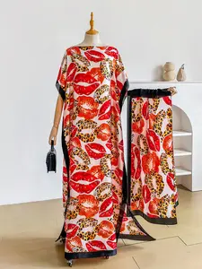 Women's Fashion Lip Print Robe Set, Long Dress with Headscarf, Beach Sun Protection, Satin Scarf, Summer, 1 Piece Set