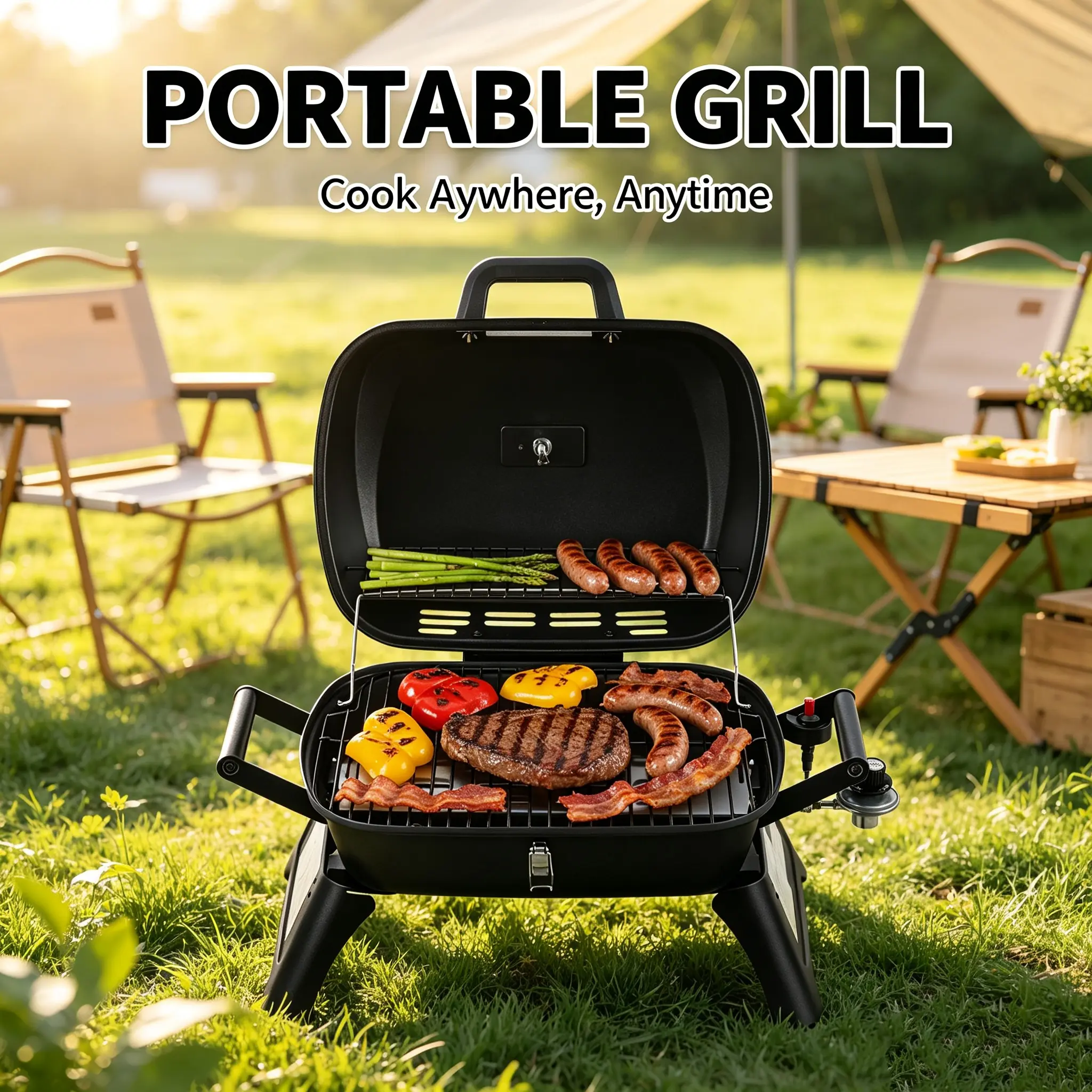 Royal Gourmet Portable Tabletop Gas Grill,Lightweight BBQ, 12,000 BTU Propane Grill with Foldable Legs, Piezo Ignition & Built-in Thermometer, Compact Outdoor Grill for Camping, Tailgating & Travel