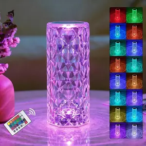 16 Color Artificial Crystal Table Lamp, Large Remote-controlled Ambient Light, RGB Color Transformation Rose Diamond Design, with Remote Control, USB Charging, Touch Sensing, Decorative Environmental Lighting, Suitable for Dinner/bar/game Room/living Room