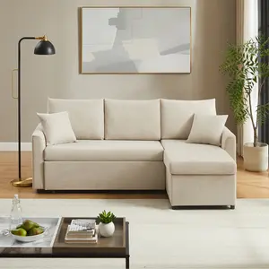 ODIKA L Shaped Convertible Sleeper Sofa Bed, Sectional Couch for Living Room - Dual USB-C Charging, Pull Out Bed, Reversible Chaise with Storage & Pockets, Removable & Washable Beige Linen Covers