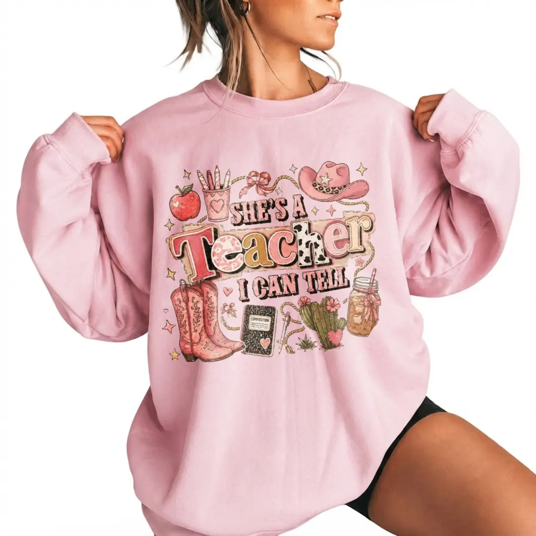 Gildan Women She's A Teacher I Can Tell Crewneck Sweatshirt, Western Cowboy Boots Apple Pencil Cactus Graphic Pullover, Retro Country Teacher Life Casual Fall Top