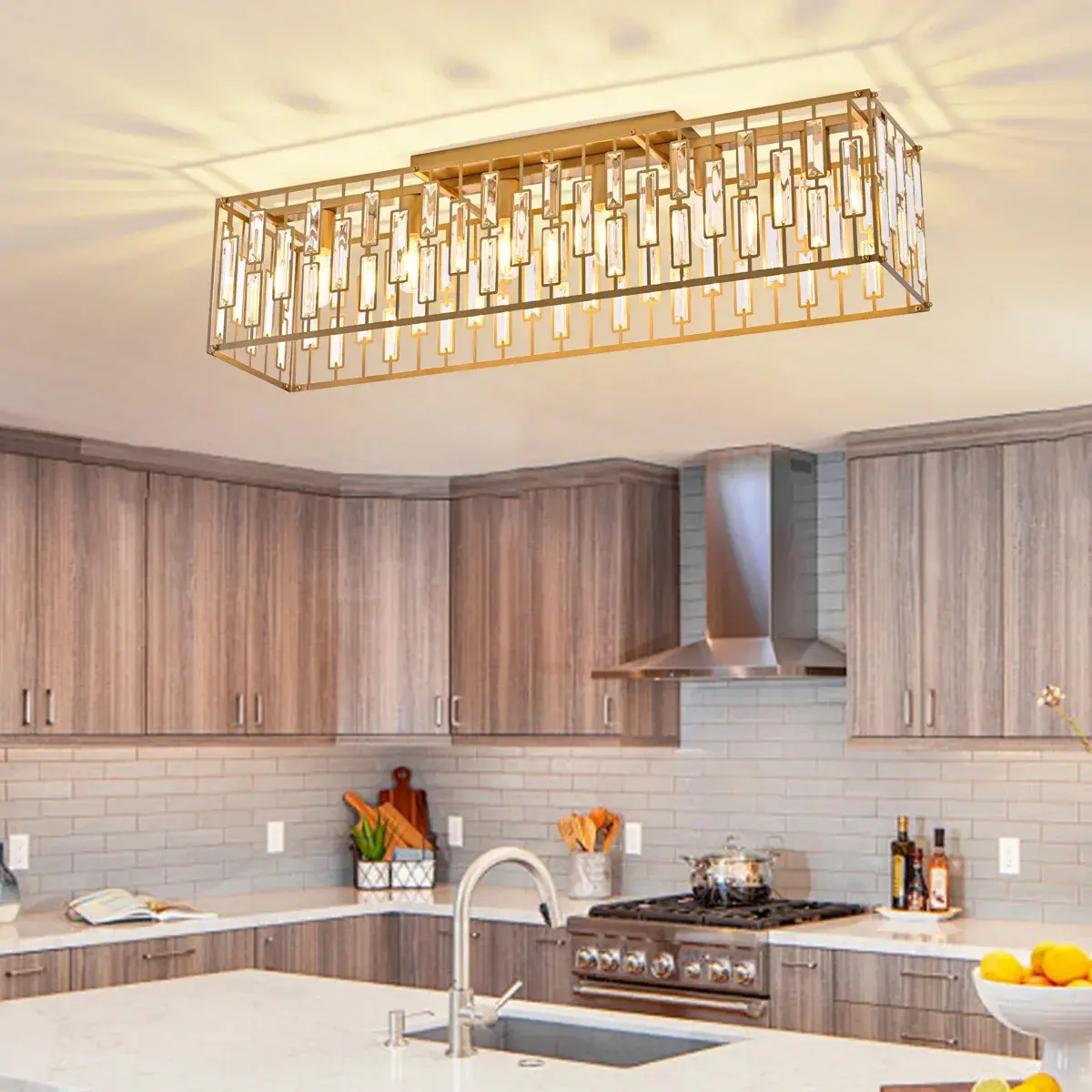 Garwarm 38.7 inch Gold Crystal Chandelier for Living Room, 6-Light Rectangle Flush Mount Ceiling Light Modern Chandeliers for Dining Room,Kitchen Chandeliers Over Table