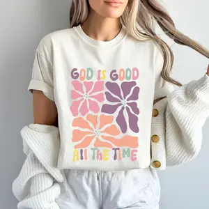 God is Good Comfort Colors Inspirational Tee Casual T-Shirt Beige Crewneck Cotton for Faith Lovers Summer Outfit Womenswear Top Oversized Printed Tshirt Floral White shirts women women's graphic tees