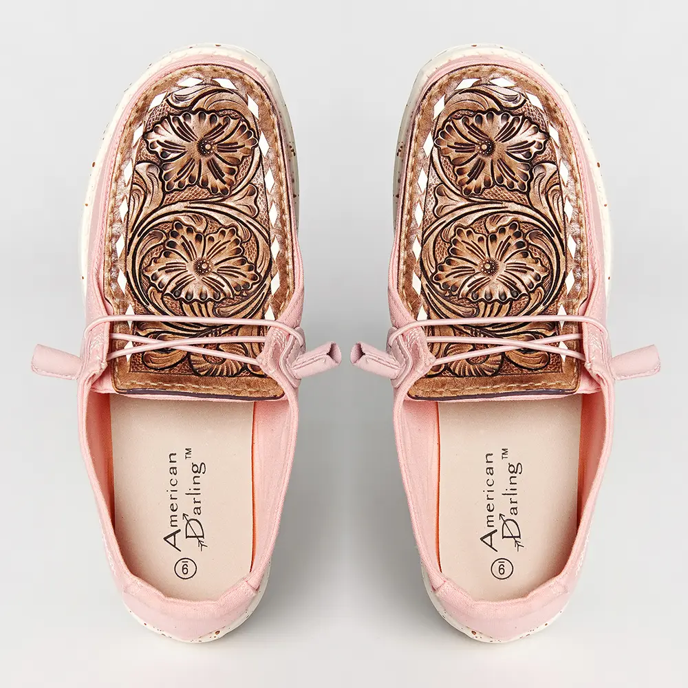 American Darling Hand tooled, carved genuine leather trim lightweight shoe footwear, slip on| Tooled Footwear