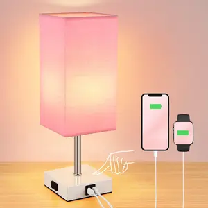 Touch Control Bedside Lamp - 3-Way Dimmable Table Lamps with USB C+A Port and Outlet, Nightstand Lamp for Bedroom Decor and Living Room,Pink