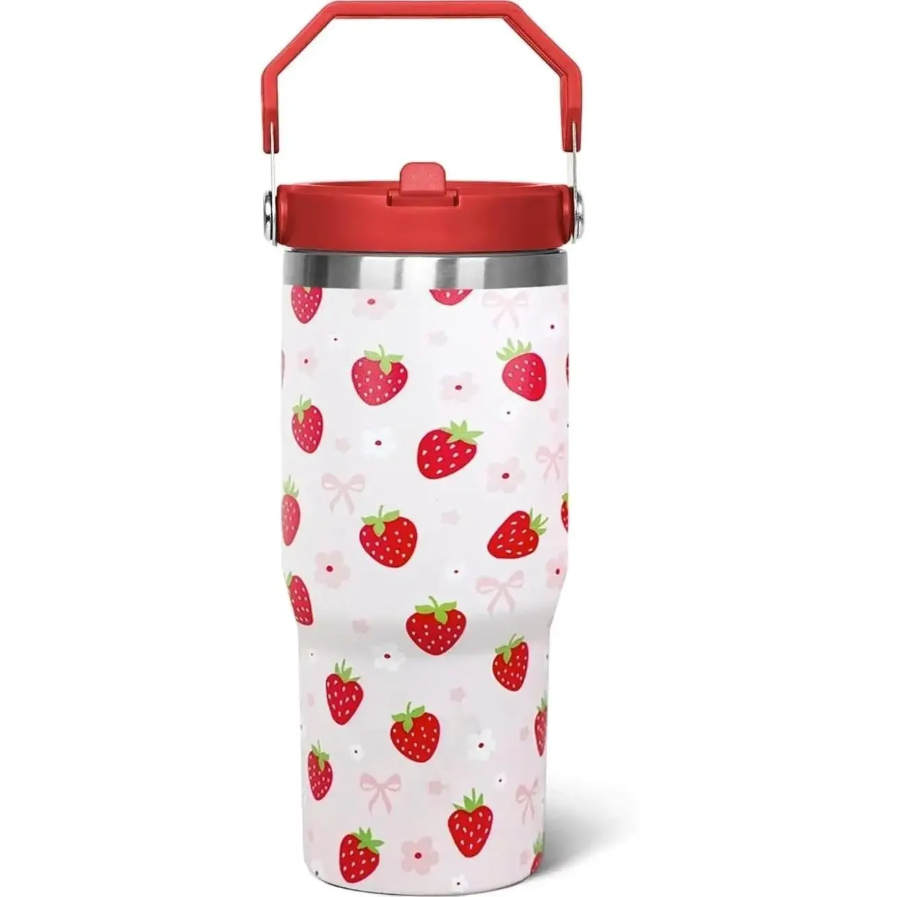 30oz Reusable Transparent Printed Strawberry Glass Flip Tumbler - Portable Kitchen Drinkware Water Bottle Mug with Handle, Lid, Straw, Floral Decor for Beverage, Holiday, Birthday Party Gift (For Women)