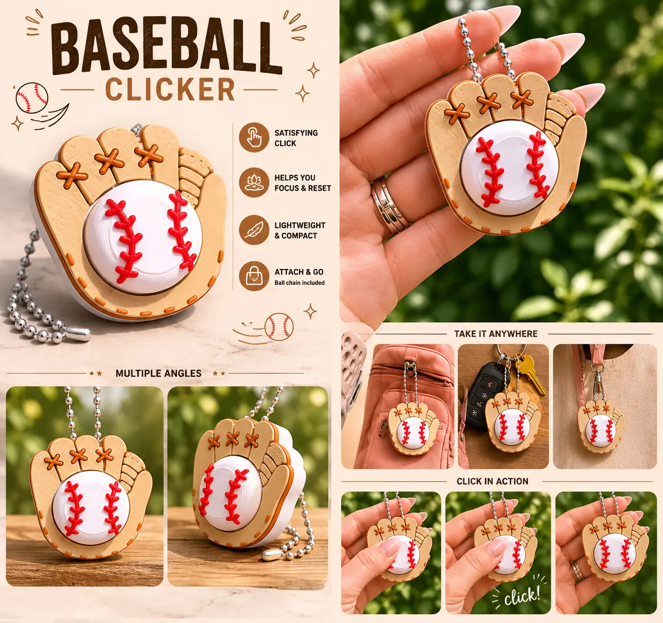 Baseball Glove Clicker Keychain | Baseball Fidget Clicker | 3D Printed Baseball Gift | Sports Keychain | Sensory Clicker | Baseball Team Gift