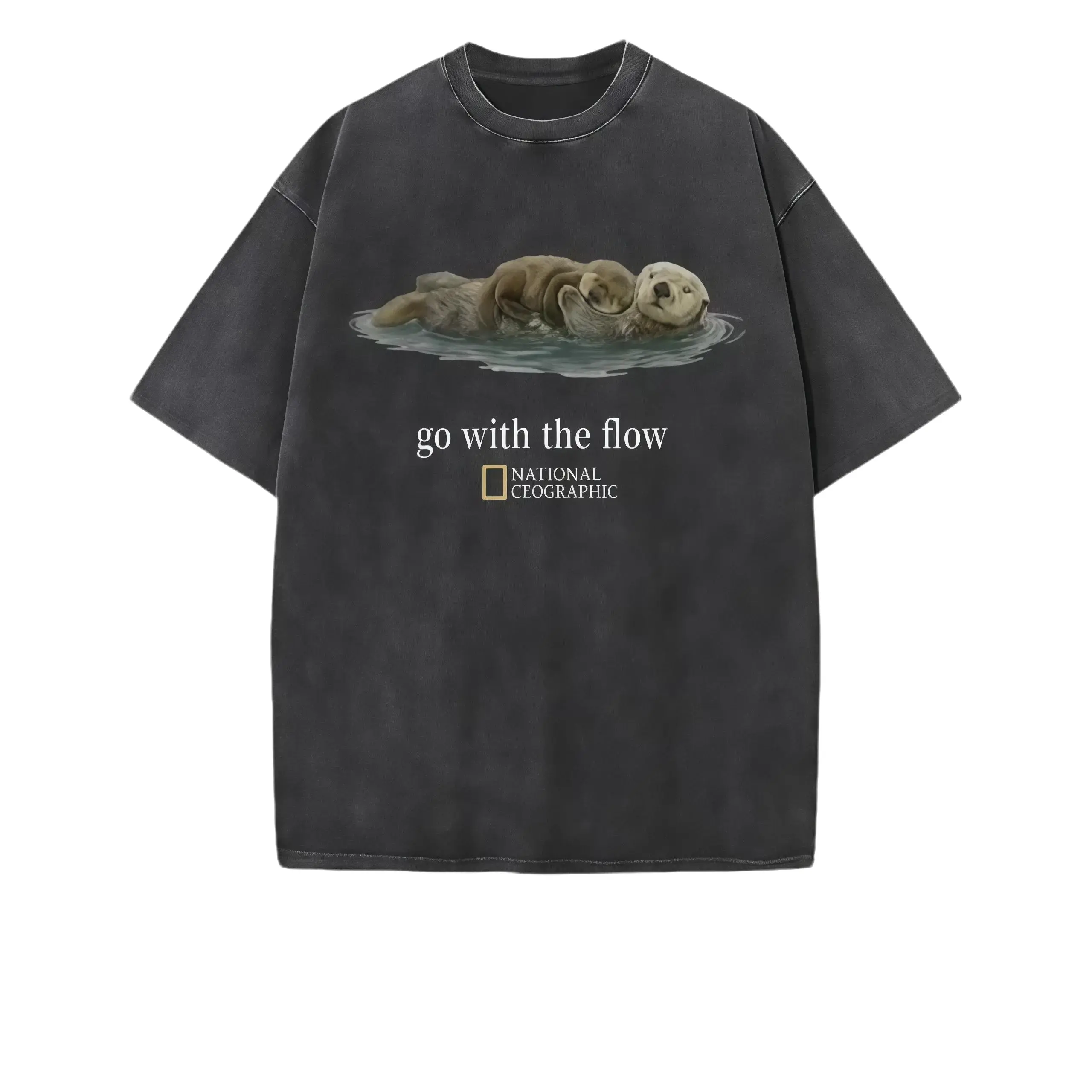 National Geographic "Go with the Flow" Unisex Round Neck Short-Sleeve Vintage T-Shirt - Thick Cotton Sports Washed Loose Graphic Streetwear, Athleisure Wear, Fitness Gift