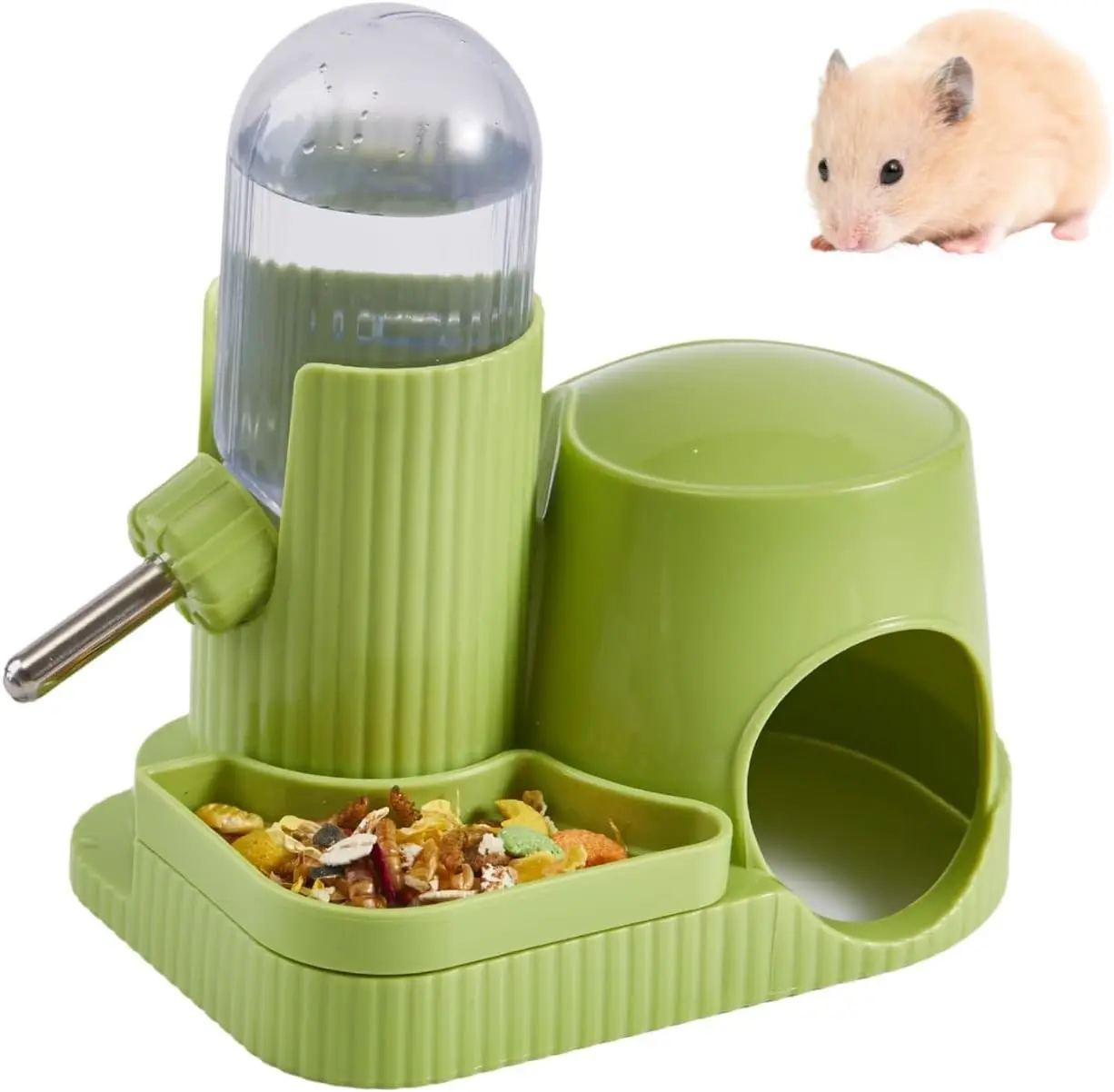 3 in 1 Hamster Water Bottle No Drip Automatic Leakproof Dispenser with Food Container and Hideout Base for Gerbil Rat Dwarf Hamster Mouse (Green, 3.4oz)