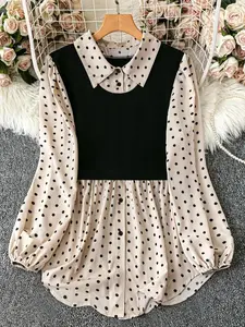 Plus Size Women's Polka Dot Blouse, Fitted Long Sleeve Casual Top for Fall, Comfortable Daily Wear for Holiday, Casual Bishop Sleeve