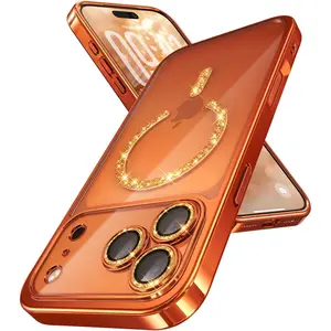Magnetic Magsafe-Compatible Case for iPhone 17 Pro Max - Cosmic Orange, Glitter Integrated Lens Protection, Glossy Bumper, Shiny Magnetic Ring, Women's Girly Smartphone Accessory, Accessories