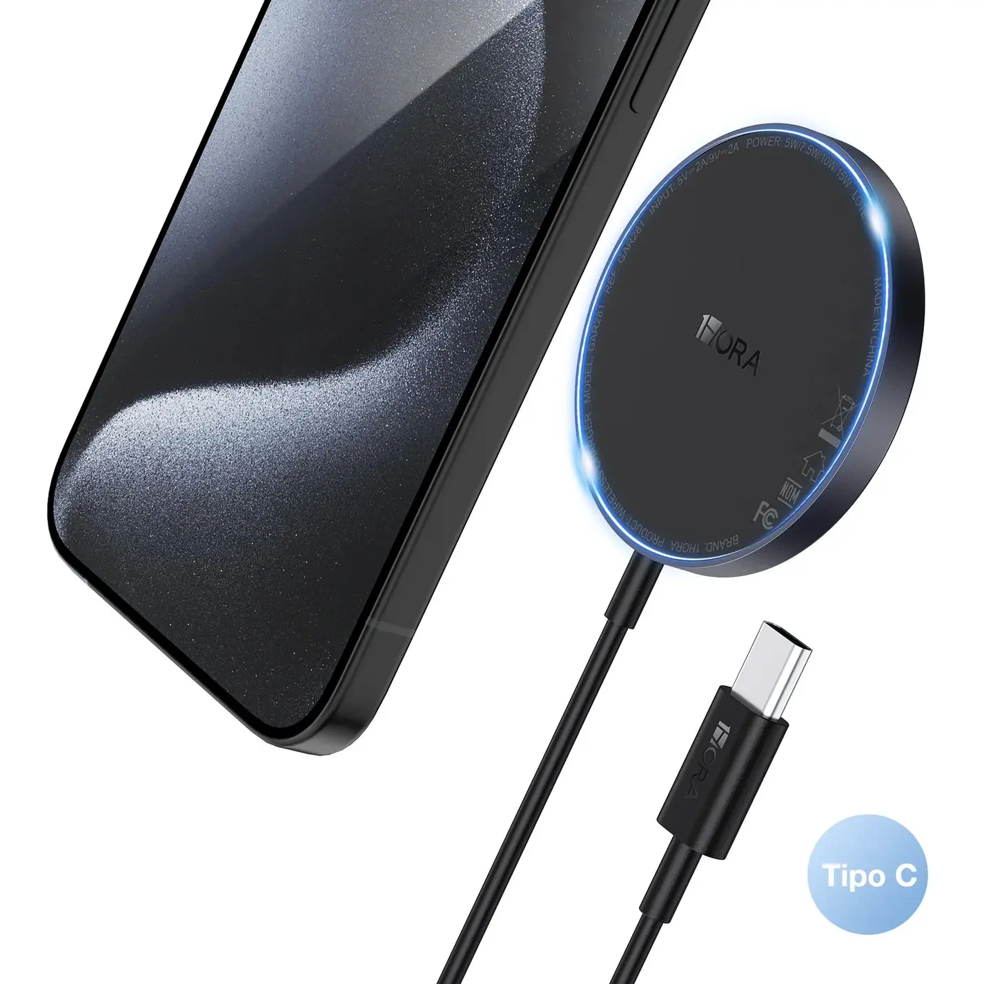 1Hora GAR281 Slim Alloy 15W Qi Wireless Charger with Type-C Cable, Compatible with Electronic Smartphone, Cellphone & Mobile Devices Charging Accessory Aluminium