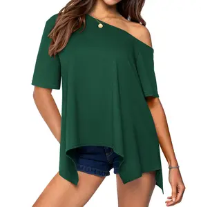 PrettyGarden Off Shoulder Tops for Women Summer Short Sleeve Asymmetrical Oversized Tee Shirts Casual Spring Clothes