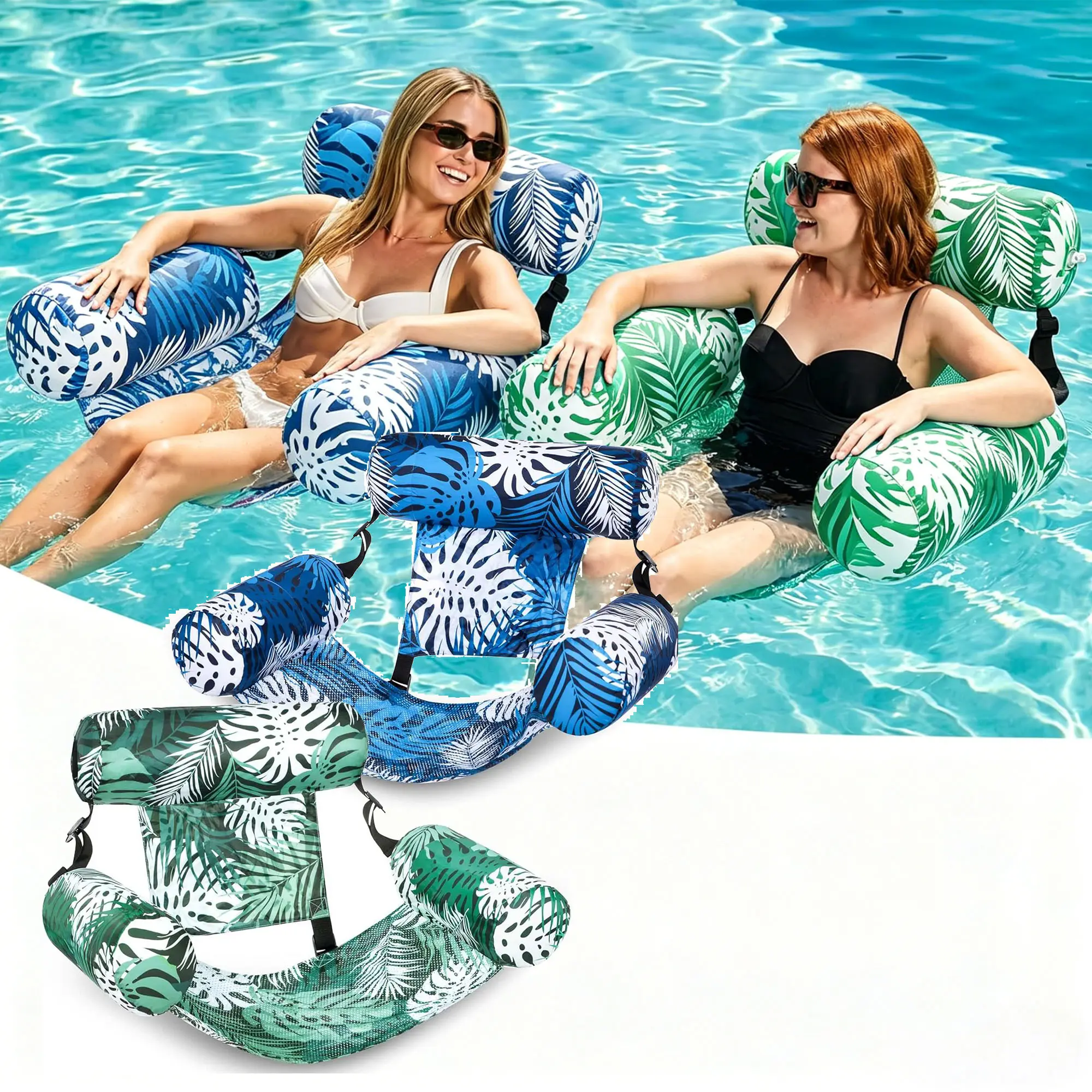 2-Pack Inflatable Pool Floats for Adults, Tropical Print Water Lounge Chair with Backrest and Armrest, Portable Water Hammock, Blue & Green, Inflatable Lounge Float Swimming Equipment Bags, Pool Float Lounger, Swimming Pool Accessories