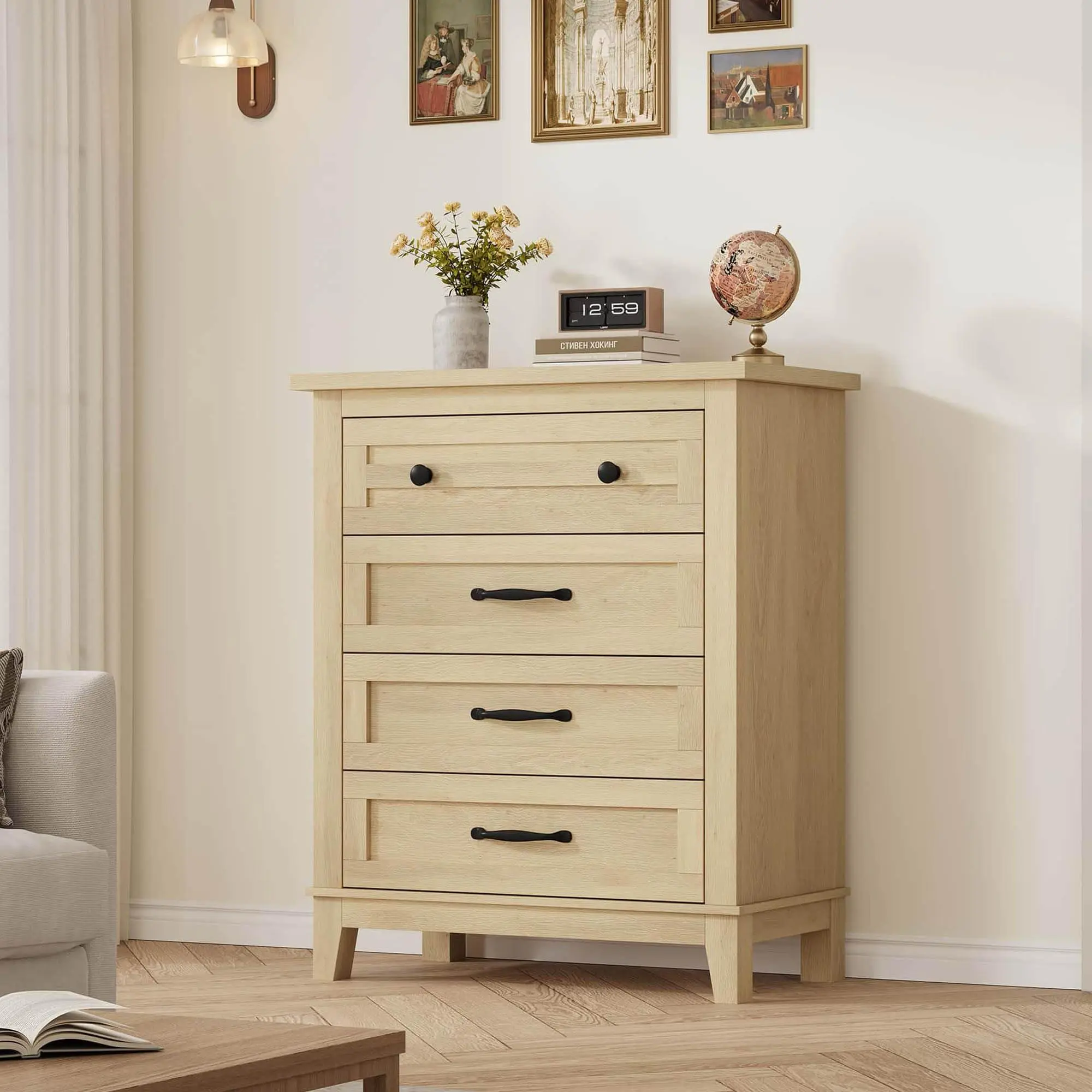 Gaomon Natural Rustic-Modern 5-Drawer Vertical MDF Wood Dresser with Anti-Tip Base, 34.8" Tall Freestanding Chest, 5 Deep Drawers, Unique Handles, Concave-Convex Design, Easy Assembly, Large Storage for Bedroom, Living Room, Five Deep Drawers