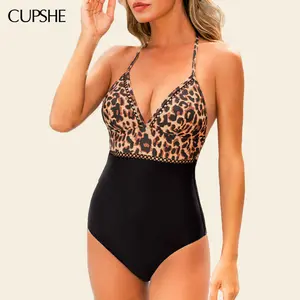 CUPSHE Hot Tub Nights Leopard Diamond neckline Halter straps Removable soft cups One-Piece Swimsuit