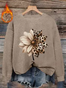 [Autumn and Winter] Leopard print flower print women's casual and fashionable Fitted round neck floral faux wool top, women's round neck faux wool top, letter, pattern comfortable round neck faux wool top, suitable for autumn and winter season