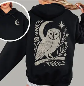 Owl & Moon Hooded Sweatshirt,Witchy Cottagecore,Women Graphic Hoodies, Hoodie Streetwear Unisex Pullover Tops, Gift For Women Long Sleeve Pocket Pullover Fall Fashion 2025 Printed in the USA Printed Unisex Casual Hoodie