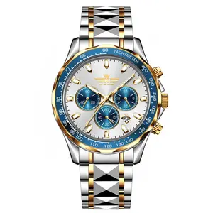 V-012 Men's Fashionable Modern Trendy 43mm Quartz Wristwatch - Round Dial, 3-Dial 6-Hand Layout, Casual Sports Design, Stainless Steel Strap, Waterproof Silver Case with Blue Face, OOTD Male Fashion Accessory, Fashionable Watch, Modern Trendy Watch