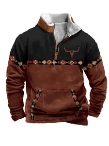 Western Fleece Jacket Hoodies for Men Aztec 1/4 Zip Stand Collar Coat Pullover Cowboys Graphic Sweatshirt Hoodie
