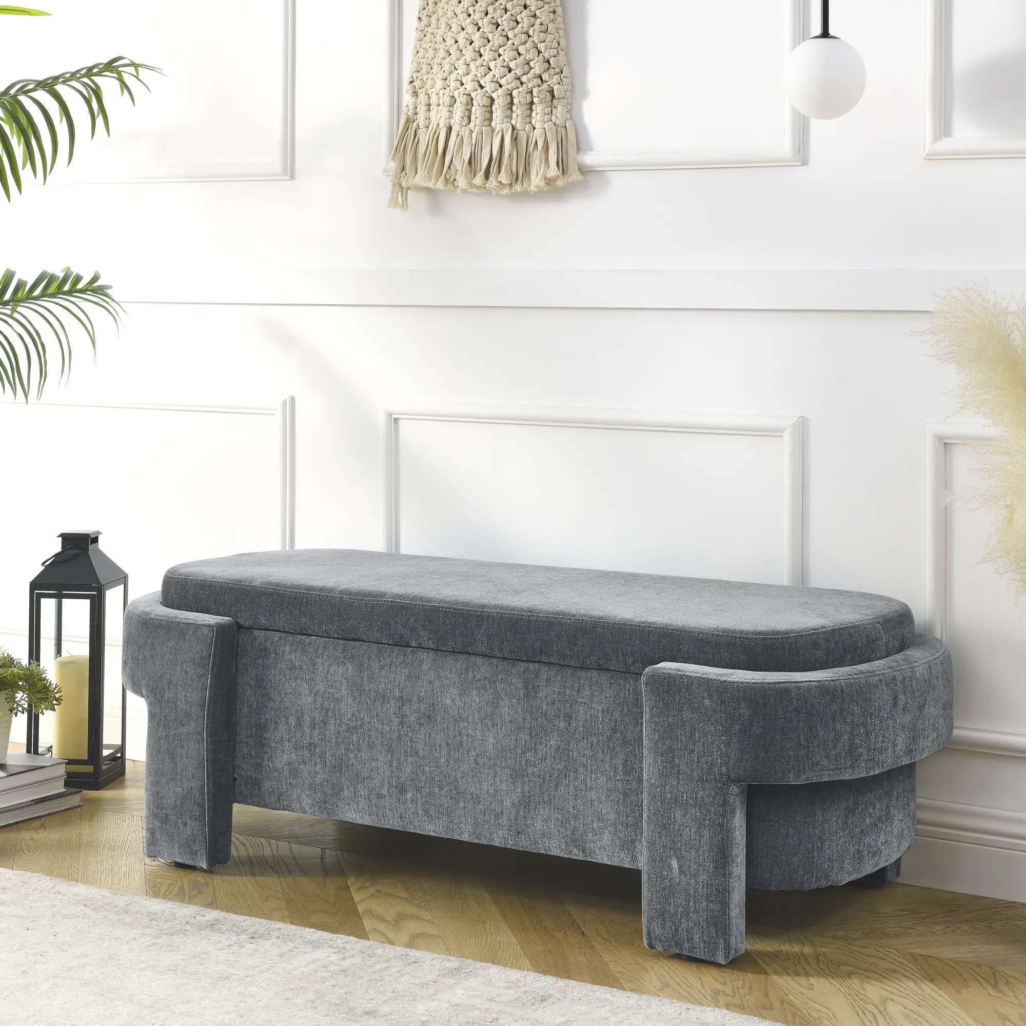 Chenille Upholstered Storage Bench with Large Hidden Compartment for Living Room Entryway Bedroom, Grey, 51.5x20.5x17 Inches, Ottoman Footstool with Lid, Entryway Shoe Bench, Multipurpose Seat, Home Furniture and Household Product Search Terms
