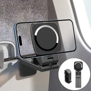Clip On Magnetic Phone Mount For Magsafe, 360° Rotation Phone Holder Stand Airplane Travel Flyer Essential Universal Flying for Home Office Car Airplane Tray Tables Desks, For Hands-Free Streaming Watching Movies Video During Flights Accessory