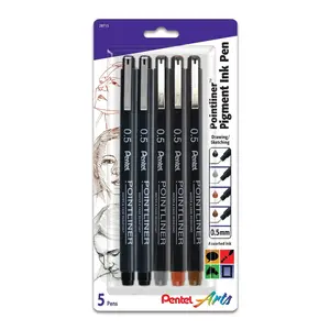 Pentel Arts Pointliner Pen, 5-Pack, 0.5mm Tip, Assorted Ink Colors, Art Materials & Supply for Office Writing Needs, Art Supply
