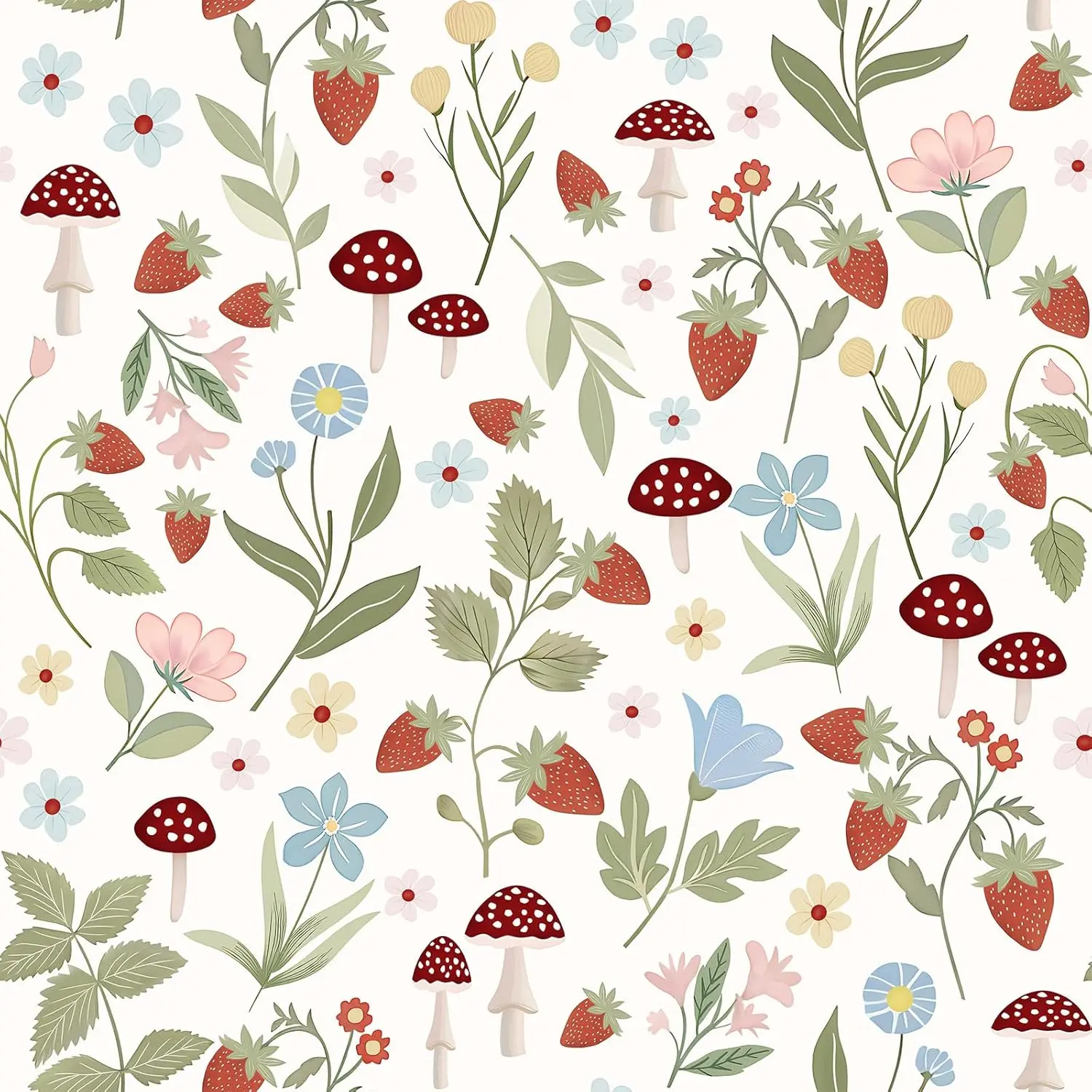 VEELIKE Cottagecore Meadows Mushroom Strawberry Peel-and-Stick Wallpaper, Thick Vinyl High-Quality Adhesive Removable Contact Paper for Nurseries, Kitchen (17.7in x 354in), Bedroom