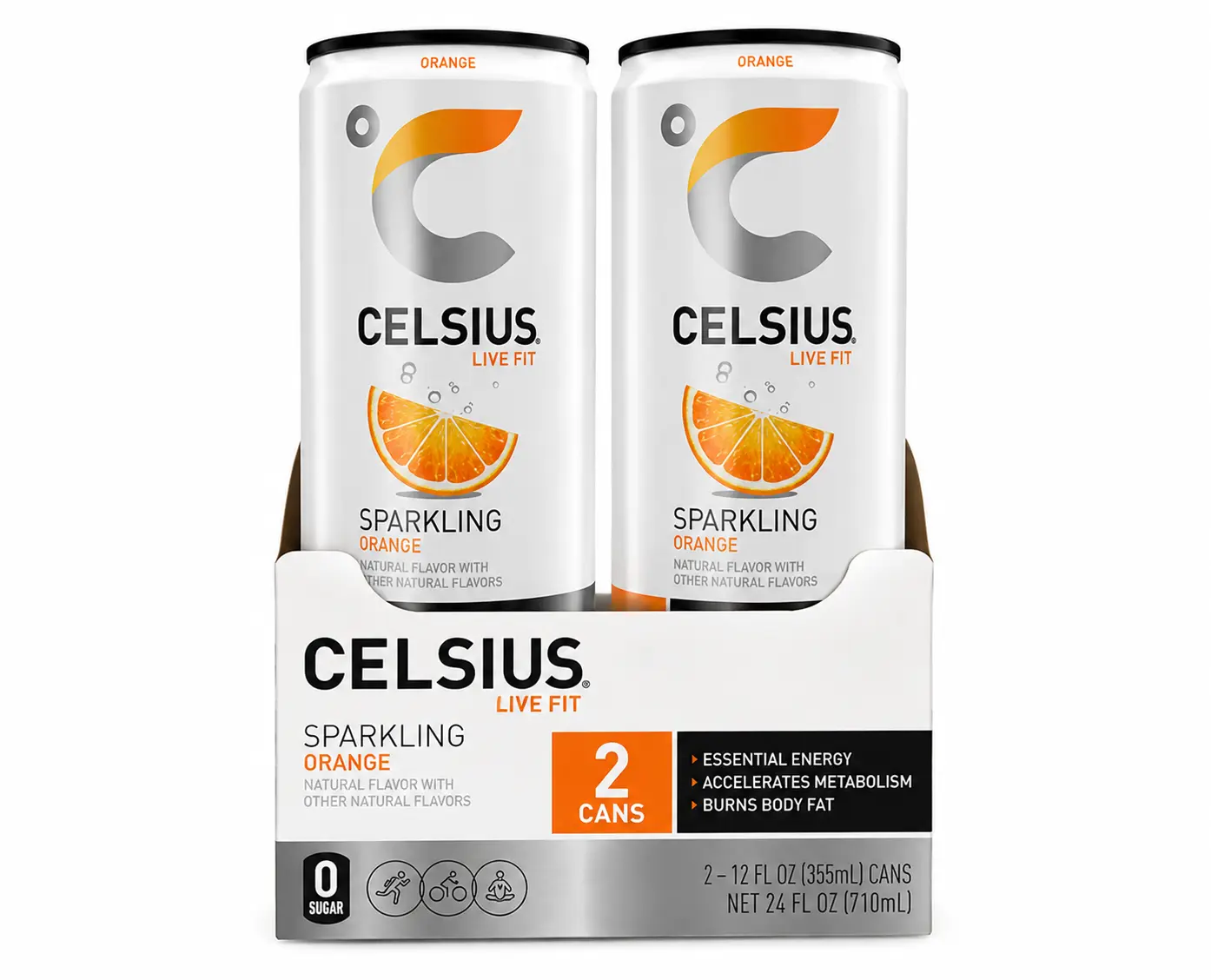 CELSIUS Sparkling Orange Functional Energy Drink, 12 fl oz, 2 Cans