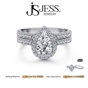 【#149】JessJewelry 1.5ct Pear Cut Synthetic Moissanite Halo Ring Set, Includes primary ring, Half Eternity Band, S925 Sterling Silver Jewelry for Women