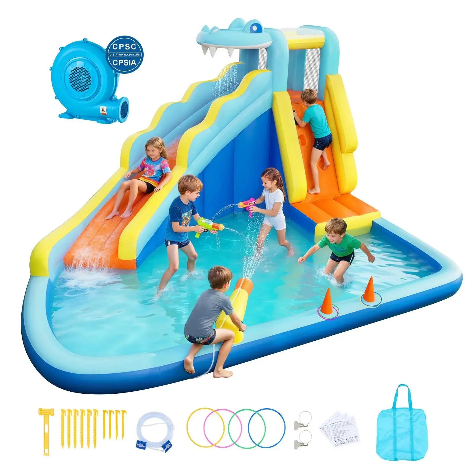 【summerfinds】VEVOR Inflatable Bounce House, 11.6 x 13.1 x 7.7 ft Inflatable Bounce House Water Slide, Bouncer Castle with Bounces Zone, Climbing Wall, Splash Pool & Water Ring Toss, for 3 to 4 Kids Ages 3 to 8