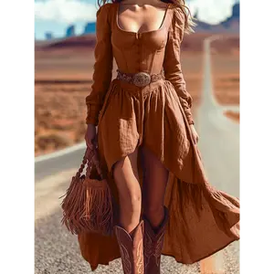 's Bohemian Vintage Western A-Line Maxi Dress - Backless V-Neck Ruffled Sleeve & Layered Asymmetrical Hem Dress with Short Back Short Front, Slim Fit Boho Wedding Guest Gown for Spring Summer Fall (No Belt Included) -