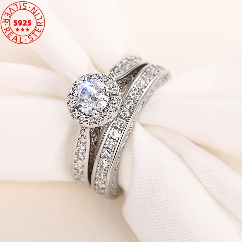 Women's Classic 2-Piece Bridal Set, Luxury S925 Silver Round Moissanite Engagement Wedding Bands for Daily & Banquet Wear, Rings For Women, Wedding Ring Sets, Engagement Ring Styles, Moissanite Rings