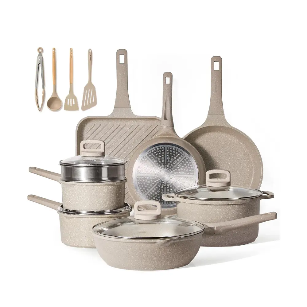 Pots and Pans Set Non Stick, 16Pcs Kitchen Cookware Set, Stackable Induction Cookware for Cooking, Includes Grill Pan, Stock Pot, Steamer, Spoon, Taupe Granite